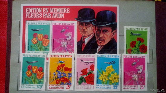 Габон чистая дорогая полная серия авиация цветы флора MNH**