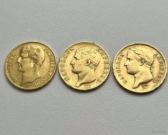 3 золотые монеты. Франция. Наполеон 1 (три разных типа монет 40 Франков). без МПЦ