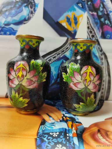 Комплект винтажных чёрных вазочек клуазоне Китай