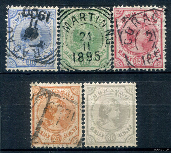 Нидерландские колонии - Кюрасао - 1892/96г. - королева Вильгельмина - 5 марок - полная серия, гашёные, MH [Mi 25-29]. #3-WB-77-A-1