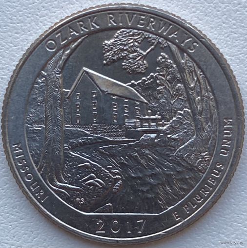 США 25 центов (квотер) 2017 г. D. Национальные водные пути Озарк. Штат Миссури