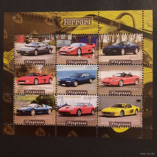 Папуа 2019. Автомобили Феррари. Ferrari. Малый лист