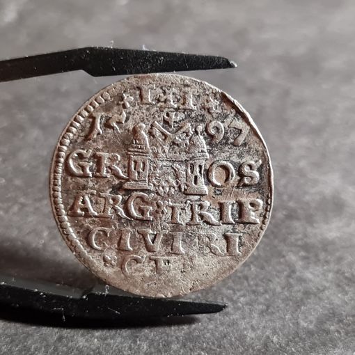 Трояк 3 гроша 1597 года Рига Сигизмунд III