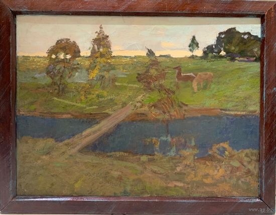 Данелия П.А;1983г;Х/М"Этюд с рекой и лошадками"; Размер 41х55см.