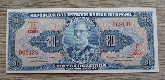 Werty71 Бразилия 20 крузейро 1961 - 1963 UNC банкнота Аллегорическая женщина Провозглашение Республики