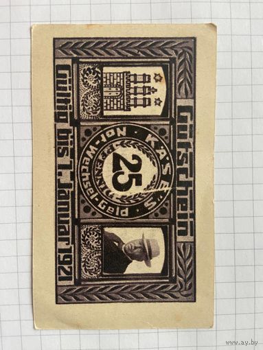 25 пфеннингов (нотгельды) 1921 г. Германия.