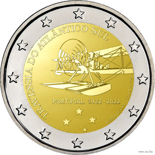 Португалия 2 евро, 2022 100 лет первому перелёту Южной Атлантики UNC из ролла