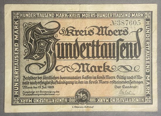 Банкнота 100000 марок 1923 год. Крайс-Мерс Веймарская республика.