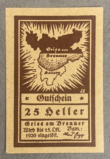 Нотгельд Австрия, Грис-на-Бреннере 25 геллеров 1920 год