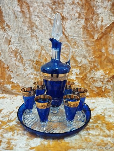 Графин и 6 рюмок Кобальтовый Ампир, Нёман. БССР