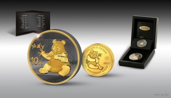 RARE Китай 10 юаней 2017г. Острова Кука 10 долларов 2017г. Юбилейный набор Golden Enigma: "Панда 35 лет". Монеты в капсулах; шикарном подарочном футляре; сертификат; коробка. ЗОЛОТО 1гр. СЕРЕБРО 30гр.