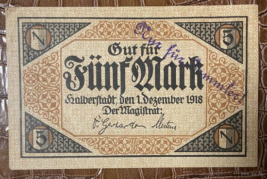 Банкнота 5 марок 1918 год. Хальберштадт. Веймарская республика.