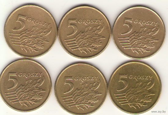 5 грошей 1990, 1991, 1992, 1998, 2002 г. Y#278