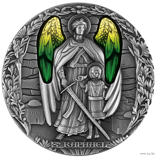 Камерун 2000 франков 2022г. "Архангел Рафаил". Монета в капсуле; деревянном подарочном футляре; сертификат; коробка. СЕРЕБРО 62,20гр.(2 oz).