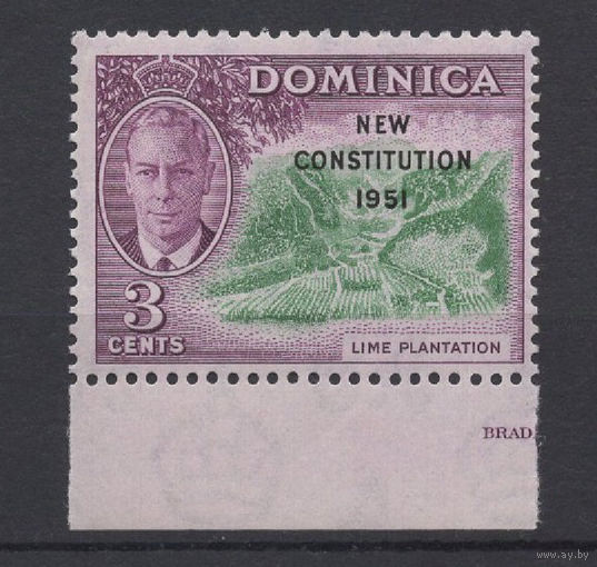 Доминика / Dominica 1951** 3 cents Георг VI , Плантация лаймов, надпечатка Конституция, марка с нижним полем