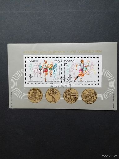 Польша 1984 Блок Mi.94 с двумя марками "Олимпийские игры в Лос-Анжелес и Сараево" (гашение с клеем) Mi.2916С-2917С каталог 2.50 евро