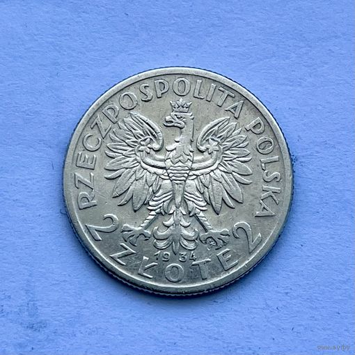 Монета СЕРЕБРО Польша 2 злотых 1934 год Ядвига ОТЛИЧНЫЕ