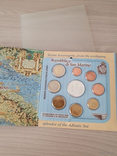 Сан-Марино 2005 год. 1, 2, 5, 10, 20, 50 евроцентов, 1, 2 и 5 Евро. Официальный набор монет в буклете с серебром