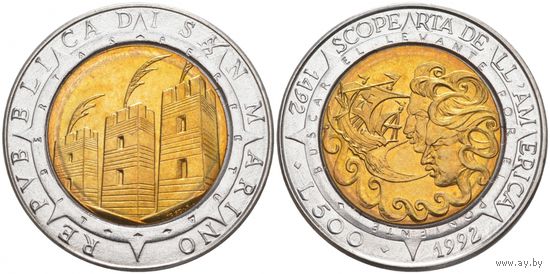 Сан-Марино 500 лир, 1992 500 лет открытию Америки UNC