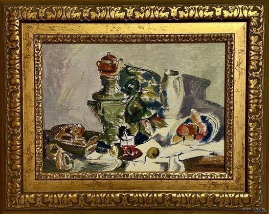 Казак О.И "У самовара", 1971г. Картон, масло. Размер 30х21.5 см.