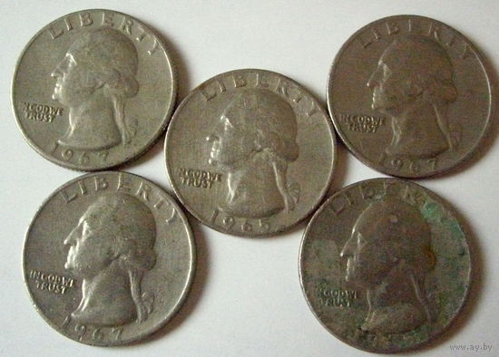 25 центов США квотер, 1965,1967, 5 монет одним лотом