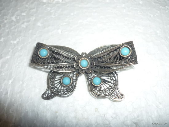 Антикварная Серебряная Брошь Бант С Бирюзой Филигрань