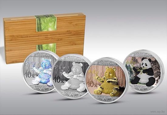 Китай 4х10 юаней 2017г.: "Панда 2017 Prestige Set". Монеты в капсулах; шикарном деревянном подарочном футляре; сертификат. СЕРЕБРО 4х30гр.
