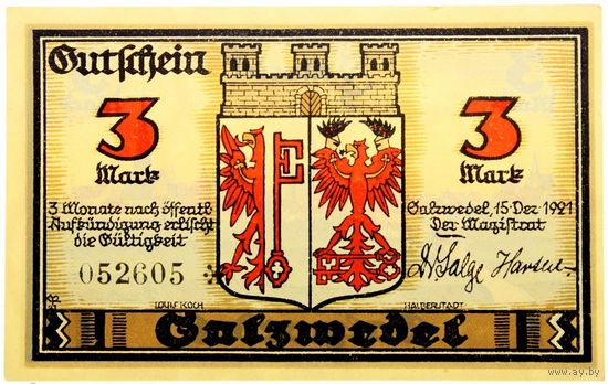 РАСПРОДАЖА!!! - ГЕРМАНИЯ ЗАЛЬЦВЕДЕЛЬ (САКСОНИЯ-АНХАЛЬТ) 3 марки 1921 год - BU!