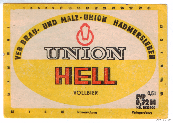 Этикетка пива Union Hell Германия П789