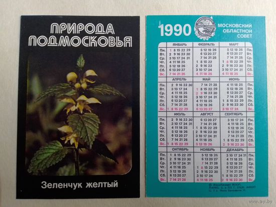 Карманный календарик. Природа Подмосковье. Зеленчук жёлтый. 1990 год