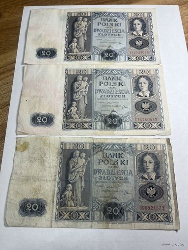 Денежные купюры 20 злотых 1936 года