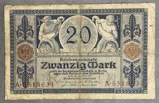 Банкнота 20 марок 1915 год. Германская империя.
