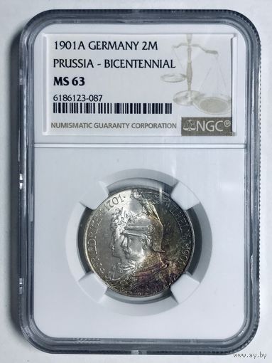 2 марки 1901 династия MS 63 NGC интересная патина! Серебро Пруссии