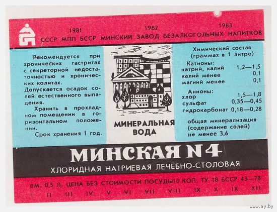 Этикетка минеральной воды Минская-4 БССР