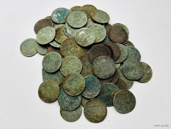 75 не ЧИЩЕННЫХ монет, номиналом 6 грошей+ 2 тымфа (в лоте представлены монеты: Яна Казимира, Яна Собеского, Фридриха Вильгельма)