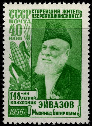 СССР-1956. Старейший житель Азербайджана Махмуд Эйвазов. Марка с ошибкой. Трехстрочная с МИ: 148-ми летний колхозник. Мухамед вместо Махмуд. СК 1842.