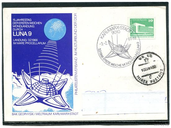 ГДР. ПК с СГ. Прошедшее почту. Луна 9.   Гашение 1981