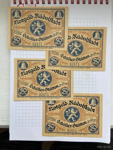 Нотгельды 4х50, 4х75 и 2х100 пфеннигов Германия Рудольфштадт-0501. Уникальная серия с единым номером