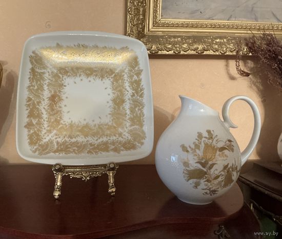 Кувшин и Тарелка Золотые цветы Колокольчики Розенталь Rosenthal Германия винтаж