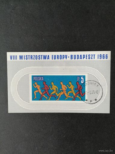 Польша 1966 Блок Mi.39 с маркой "Чемпионат Европы по легкой атлетике в Будапеште" (гашение с клеем и наличием следа от наклейки штамп RADOM) марка Mi.1688 каталог 1.50 евро