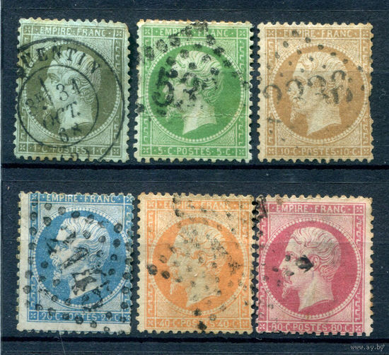 Франция (Империя) - 1862/72г. - император Наполеон III - 6 марок - полная серия, гашёные, 80 с утончением и маленьким разрывом сверху, 10 с небольшим повреждением перфорации [Mi 18-23]. #1-Fr-11-A-1