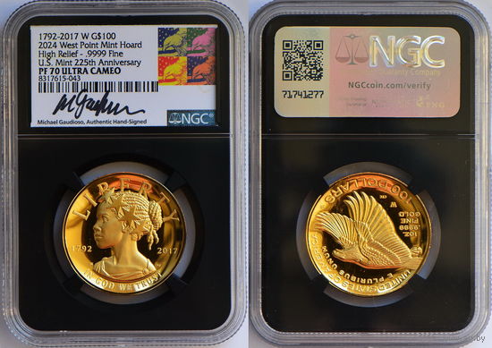 100 Долларов 2017 W. 225-летие американской свободы. США. NGC PF70. Золото. KM# 668.