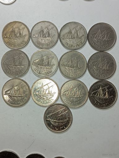 Кувейт 100 филсов 1976,1979,1983,1987,1988,1995,1999,2005,2008,2009,2010,2012 года .