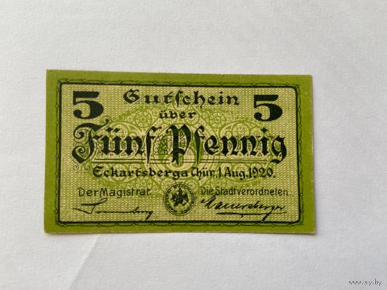 Нотгельд 5 пфеннигов Экартсберг. Веймарская республика - 1602