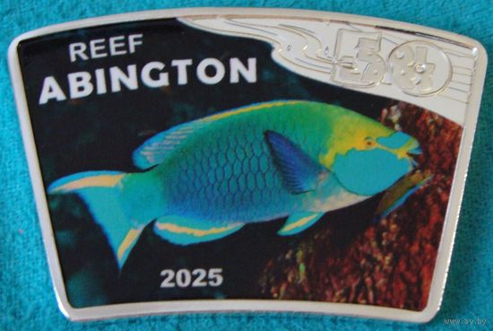 Риф Абингтон. 50 долларов 2025 год  "Рыба-попугай"  Тираж: 125 шт  Материал: Посеребренная латунь