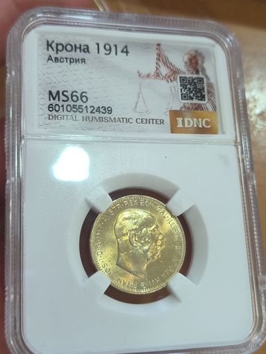 С 1р без мц! 1 крона 1914 Австро-Венгрия ms 66 золотистая! Яркий блеск!