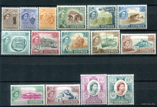 Британские колонии - Кипр - 1955г. - ландшафты, королева Елизавета II - 15 марок - полная серия, MNH [Mi 164-178]. #4-B6-104-A-1