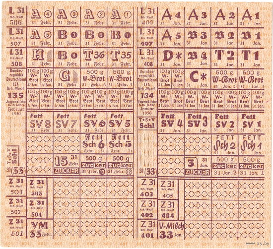 Германия (Сев. Рейн-Вестфалия), прод. карта на детей 6-16 лет, , 1950 г., в/знак, редкая