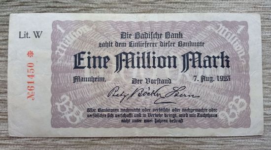 Werty71 Германия Веймар 1000000 марок 1923 банкнота 1 миллион гроссгельд Мангейм Баден