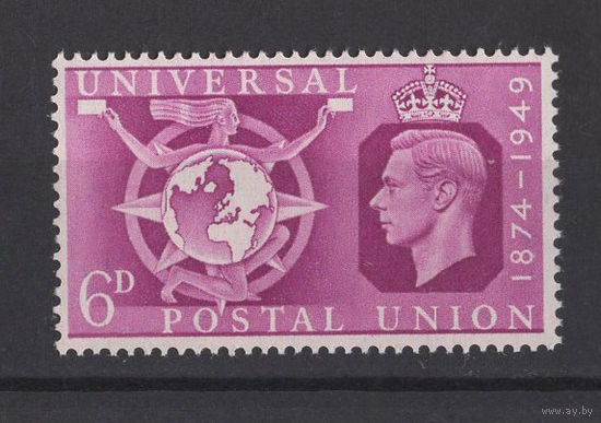 Великобритания 1949** Георг VI, Всемирный Почтовый Союз, Богиня Конкордия (Единство), Земной шар с розой ветров (Mi#243)